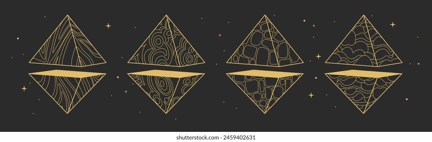 Set of Modern magic witchcraft cards with geometric pyramids or crystals. Line art occult vector illustration
