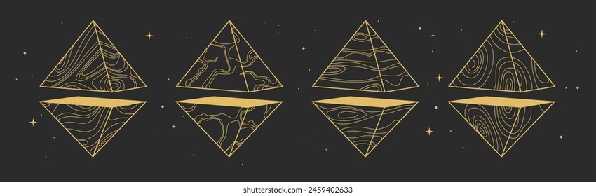 Satz moderner magischer Hexenkarten mit geometrischen Pyramiden oder Kristallen. Okkulte Vektorillustration der Linienkunst