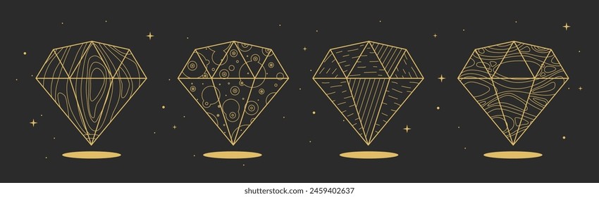 Set of Modern magic witchcraft cards with geometric diamonds or crystals. Line art occult vector illustration
