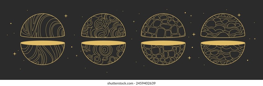 Set of Modern magic witchcraft cards with geometric spheres or planets. Line art occult vector illustration