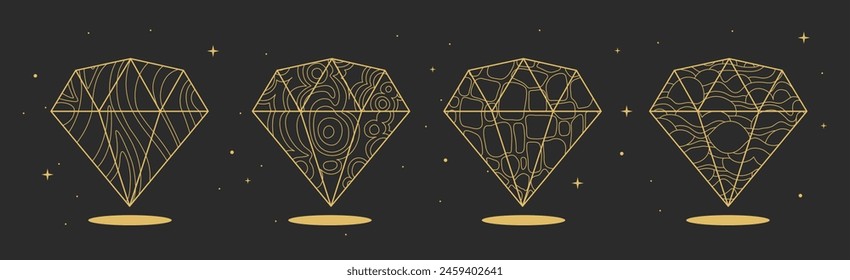 Set of Modern magic witchcraft cards with geometric diamonds or crystals. Line art occult vector illustration