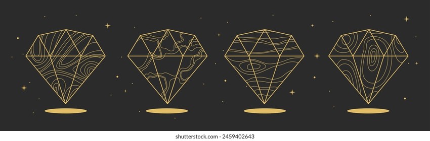 Conjunto de tarjetas de brujería mágica moderna con diamantes geométricos o cristales. Ilustración vectorial oculta de arte lineal