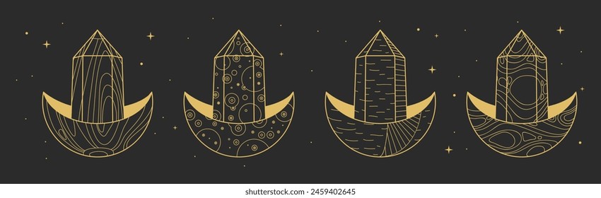 Set of Modern magic witchcraft cards with geometric crescent and crystal. Line art occult vector illustration