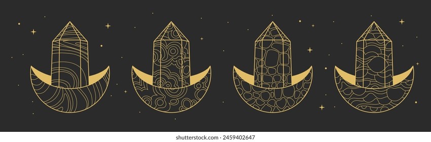 Set of Modern magic witchcraft cards with geometric crescent and crystal. Line art occult vector illustration