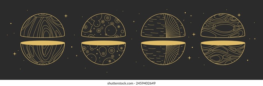 Set of Modern magic witchcraft cards with geometric spheres or planets. Line art occult vector illustration