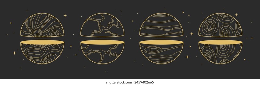 Set of Modern magic witchcraft cards with geometric spheres or planets. Line art occult vector illustration