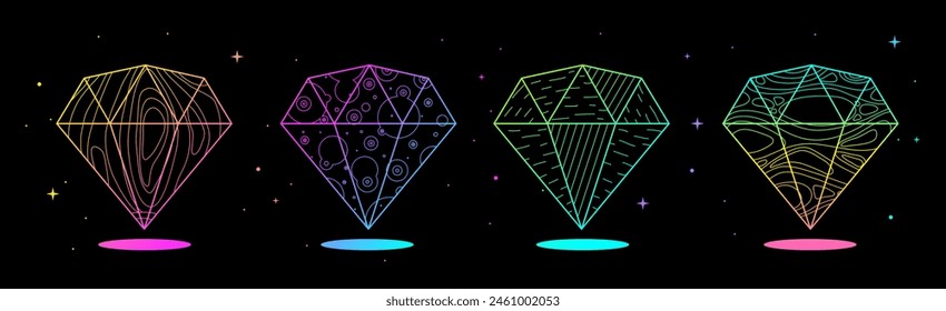 Set von modernen magischen Hexenkarten mit fluoreszierenden geometrischen Diamanten oder Kristallen. Okkulte Vektorillustration der Linienkunst