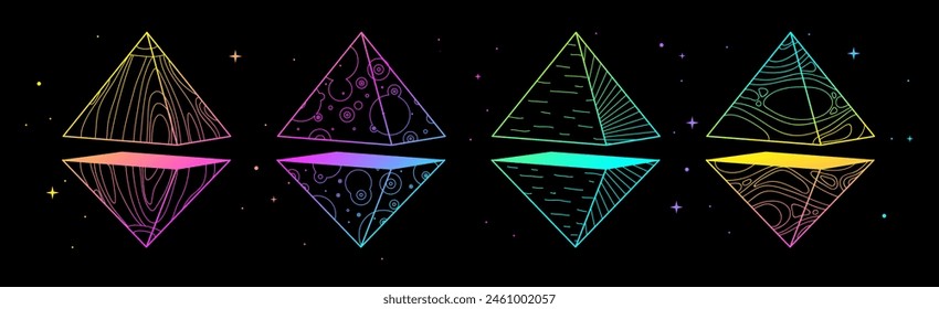 Set of Modern magic witchcraft cards with fluorescent geometric pyramids or crystals. Line art occult vector illustration