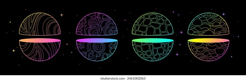 Set of Modern magic witchcraft cards with fluorescent geometric spheres or planets. Line art occult vector illustration