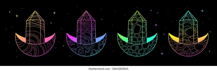 Set of Modern magic witchcraft cards with fluorescent geometric crescent and crystal. Line art occult vector illustration