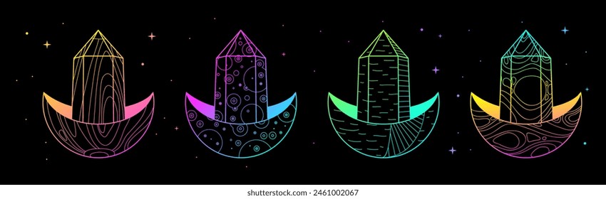 Conjunto de tarjetas de brujería mágica moderna con media luna geométrica fluorescente y cristal. Ilustración vectorial oculta de arte lineal