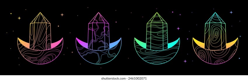 Set of Modern magic witchcraft cards with fluorescent geometric crescent and crystal. Line art occult vector illustration