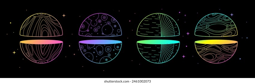 Conjunto de tarjetas de brujería mágica moderna con esferas o planetas geométricos fluorescentes. Ilustración vectorial oculta de arte lineal