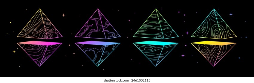 Set of Modern magic witchcraft cards with fluorescent geometric pyramids or crystals. Line art occult vector illustration