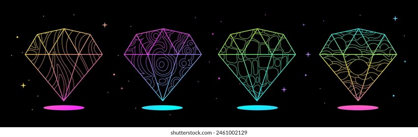 Set of Modern magic witchcraft cards with fluorescent geometric diamonds or crystals. Line art occult vector illustration