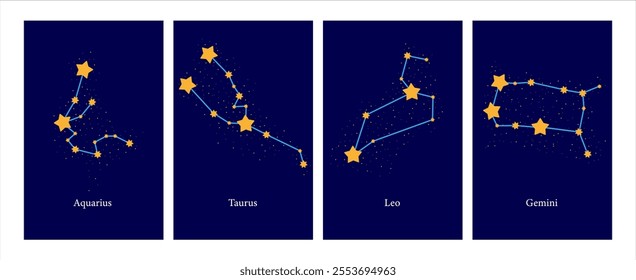 Set of Modern magic witchcraft cards with astrology zodiac signs in the night sky. Zodiac characteristic. Zodiac icons. Vector illustration