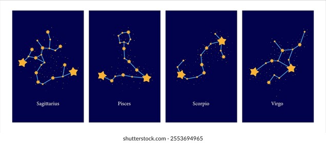 Set of Modern magic witchcraft cards with astrology zodiac signs in the night sky. Zodiac characteristic. Zodiac icons. Vector illustration