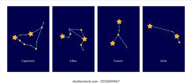 Set of Modern magic witchcraft cards with astrology zodiac signs in the night sky. Zodiac characteristic. Zodiac icons. Vector illustration