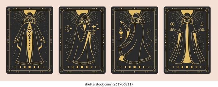 Conjunto de cartas de bruxaria mágica moderna com bruxa ou figura feminina em um manto de bruxo. Ilustração vetorial da arte da Linha Oculta