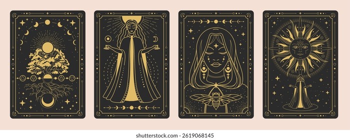 Set of Modern magic witchcraft cards with wizard, oak, the Four elements, sun and moon. Line art occult vector illustration