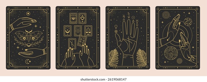 Set of Modern magic witchcraft cards with wizard hands, tarot cards, solar system, fortune telling and butterfly. Line art occult vector illustration