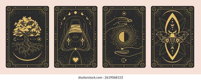 Set of Modern magic witchcraft cards with wizard, oak, hands, butterfly, sun and moon. Line art occult vector illustration