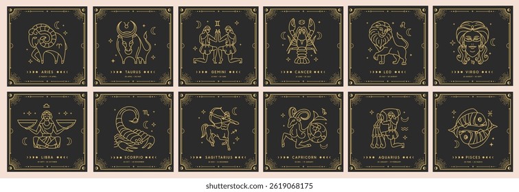 Set of Modern magic witchcraft cards with astrology zodiac signs. Zodiac characteristic. Zodiac icons. Vector illustration