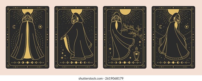 Conjunto de cartas de bruxaria mágica moderna com bruxa ou figura feminina em um manto de bruxo. Ilustração vetorial da arte da Linha Oculta