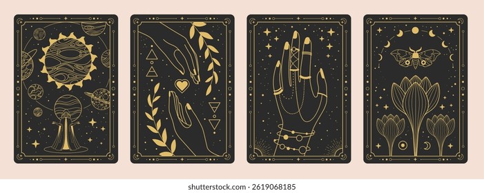 Set of Modern magic witchcraft cards with wizard, solar system, planets, hands, flowers and butterfly. Line art occult vector illustration