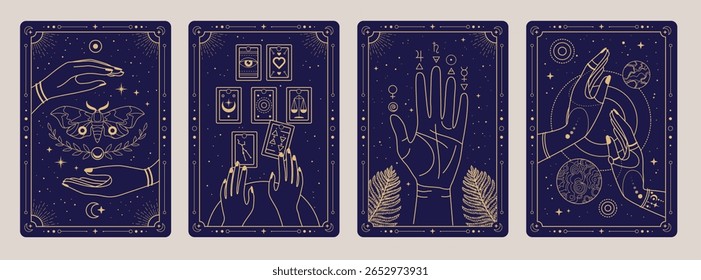 Set of Modern magic witchcraft cards with wizard hands, tarot cards, solar system, fortune telling and butterfly. Line art occult vector illustration
