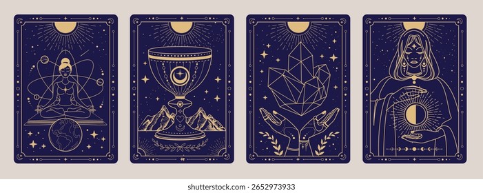 Set of Modern magic witchcraft cards with wizard, goblet, hands with crystal and girl in meditation. Line art occult vector illustration