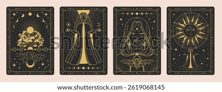 Set of Modern magic witchcraft cards with wizard, oak, the Four elements, sun and moon. Line art occult vector illustration