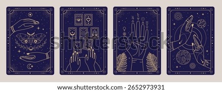 Set of Modern magic witchcraft cards with wizard hands, tarot cards, solar system, fortune telling and butterfly. Line art occult vector illustration