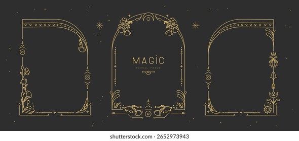 Set of modern magic witchcraft frames with floral elements and ornament. Line art Decorative floral design. Vector illustration