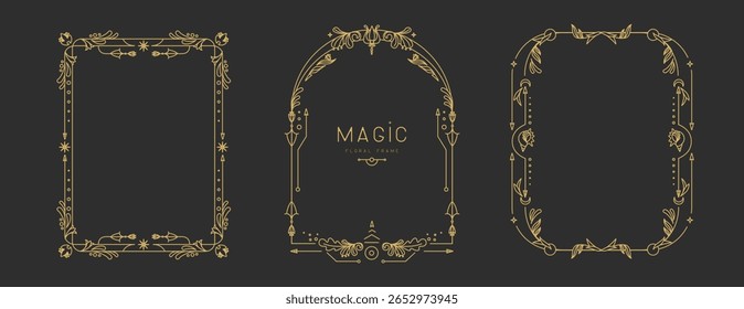 Set of modern magic witchcraft frames with floral elements and ornament. Line art decorative floral design. Vector illustration