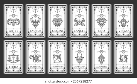 Set of Modern magic witchcraft Ornamental cards with astrology zodiac signs. Zodiac characteristic. Zodiac icons. Vector illustration. Elegant line art symbols and icons of esoteric zodiacal horoscope