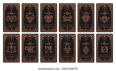 Set of Modern magic witchcraft Ornamental cards with astrology zodiac signs. Zodiac characteristic. Zodiac icons. Vector illustration. Elegant line art symbols and icons of esoteric zodiacal horoscope