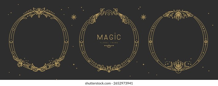 Set of modern magic witchcraft  round frames with floral elements and ornament. Line art decorative floral design. Vector illustration