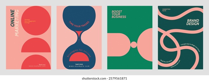 Set of modern marketing posters with bold colors and abstract designs. Includes text like 'Online Marketing' and 'Boost Your Business' in vibrant layouts. Retro pastel branding template vector set.