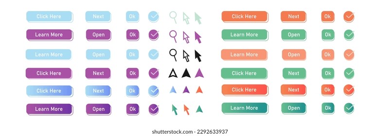 Set of modern material style buttons with pointer click for website mobile app and infographics