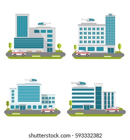 Set of the modern medical centers of rendering ambulance. Hospital with car and helicopter.Ambulatory care.Medical help.Healthcare facility.Flat style a vector.City Hospital and Clinic building