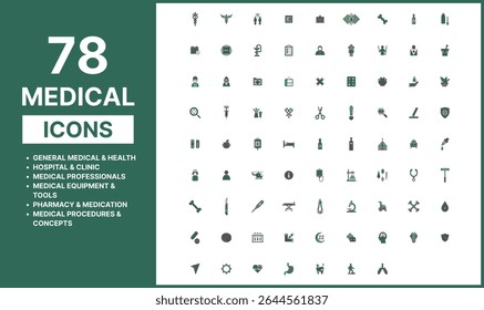 Set of modern medical icons covering healthcare, hospital, clinic, doctors, tools, pharmacy, and procedures in a clean, professional style.