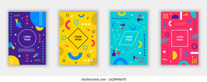 Set of modern memphis style covers. Colorful geometric background can be used brochure design, flyer, web banner, ads poster, magazine, flat cover for web. Vector illustartion.