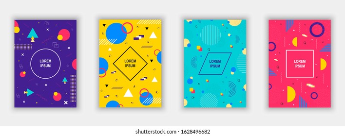 Set of modern memphis style covers. Colorful geometric background can be used brochure design, flyer, web banner, ads poster, magazine, flat cover for web. Vector illustartion.