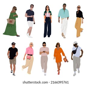 Set of modern men and women wearing trendy street style casual summer outfit standing and walking. Street fashion vector art illustration isolated on white background.