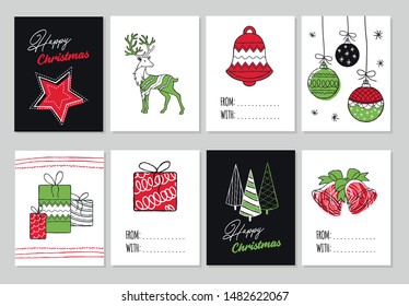 Set modern Merry Christmas hand drawn cards, illustrations and icons, lettering design collection. Doodles and sketches vector illustration 