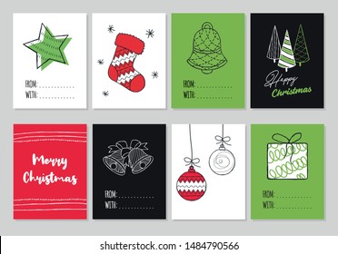 Set modern Merry Christmas hand drawn cards, illustrations and icons, lettering design collection. Doodles and sketches vector illustration 