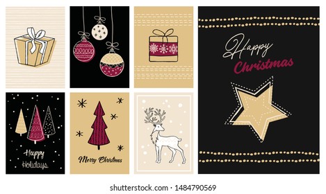 Set modern Merry Christmas hand drawn cards, illustrations and icons, lettering design collection. Doodles and sketches vector illustration