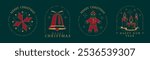 Set of modern Merry Christmas and Happy New Year line art logo, label or emblem design with snowflake, gingerbread man, burning candles and jingle bell. Vector illustration