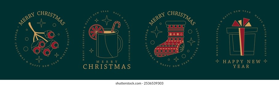 Set of modern Merry Christmas and Happy New Year line art logo, label or emblem design with berryes, hot cup of tea, gift box and Christmas stocking. Vector illustration